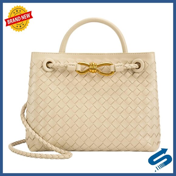 Woven Leather Tote Bag with Adjustable Strap 2 Compartments 9.8x7.5x3.9